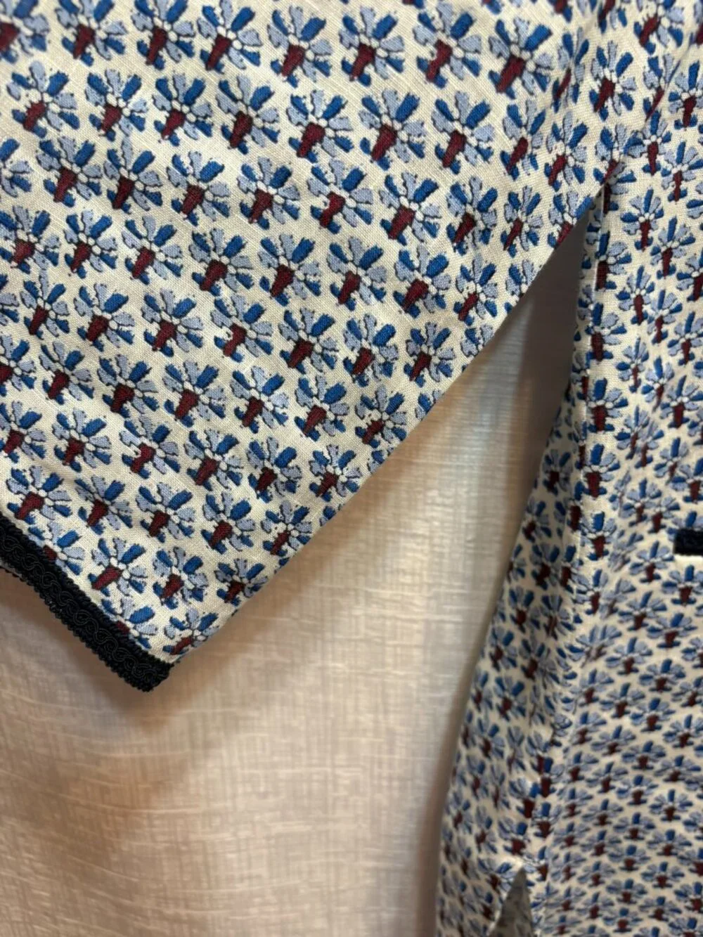 Tory Burch Blue Floral Geometric Print Split Neck Tunic Blouse Large